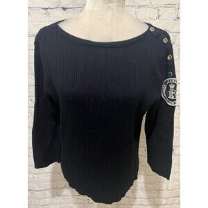 Ralph Lauren Jeans Co NAVY Womens Cotton 3/4 Sleeve Ribbed Patch Sweater XL